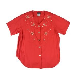 Vintage HUNTER'S RUN Embellished Studs Stars Moon Button V-Neck Shirt Women's 20